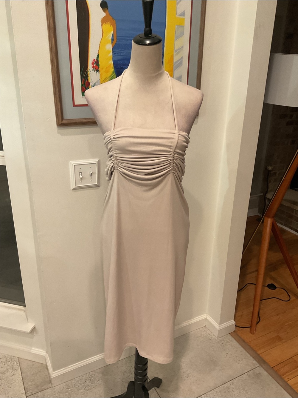 NBD Strapless Ruched Midi Dress in Light Beige